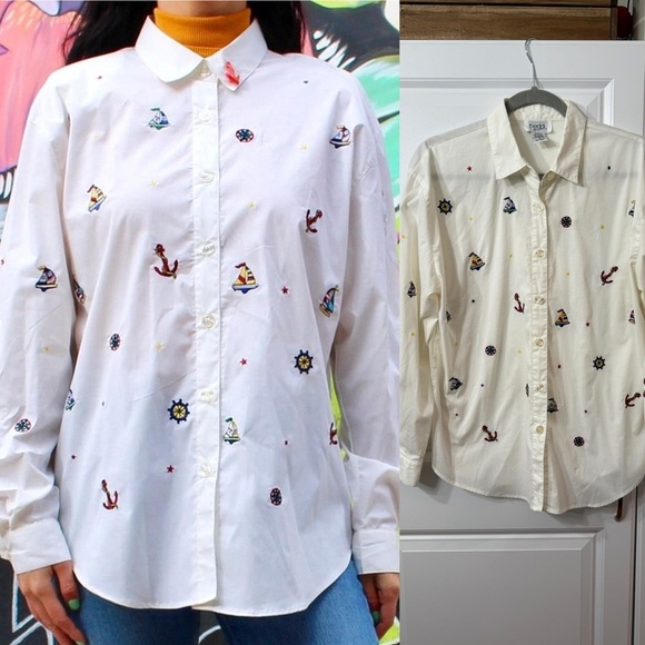 Vintage Teddi Boat Nautical Sailing Embroidered Button Up Blouse Size Medium - Picture 1 of 6